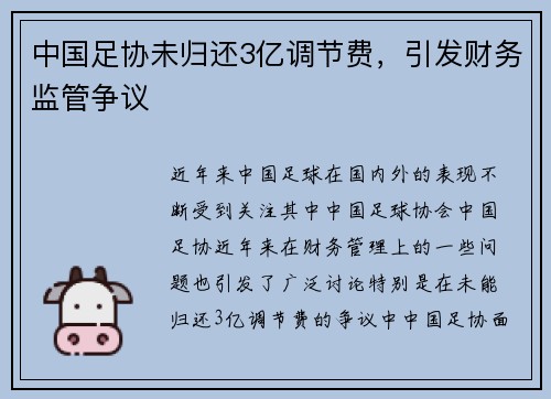 中国足协未归还3亿调节费，引发财务监管争议
